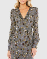 Gray Long Sleeve V Neck Midi Dress